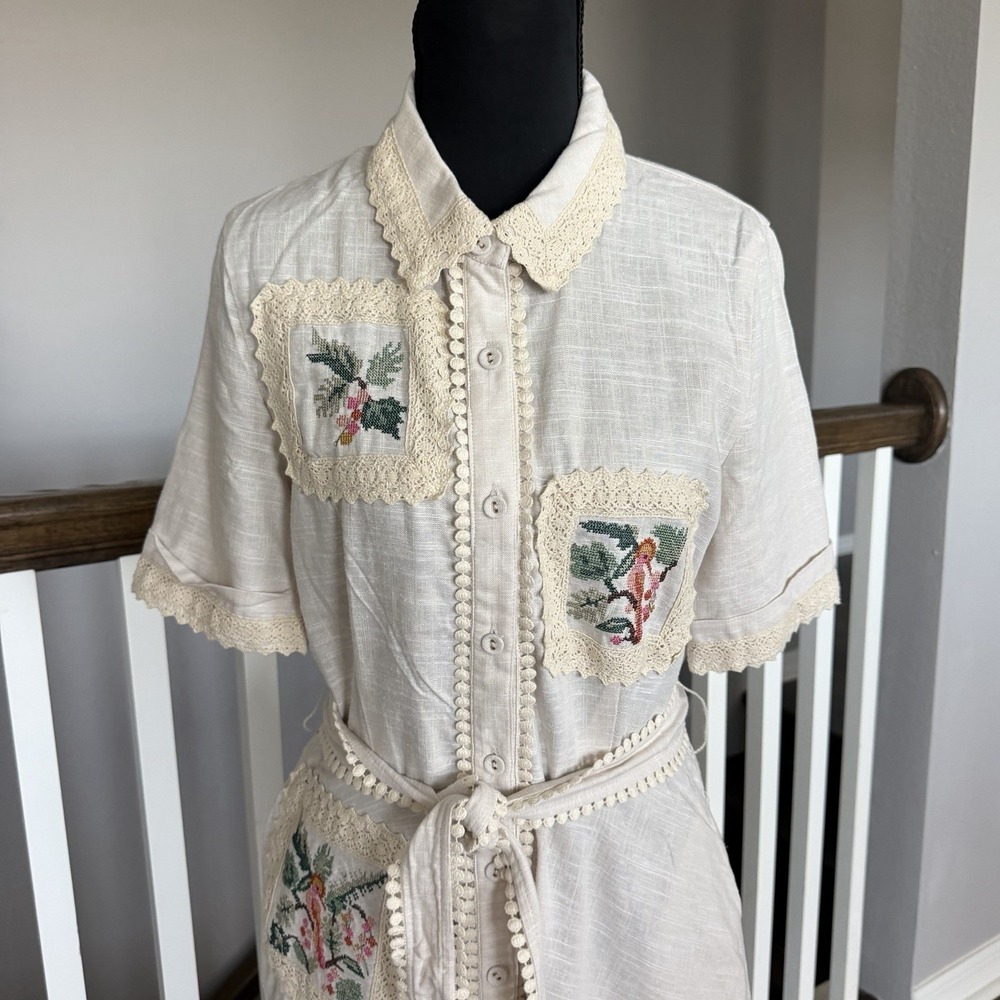 Calypso St Barth NWT Linen Blend Crochet Belted Shirt Dress Bird Resort Luxury - Picture 2 of 14